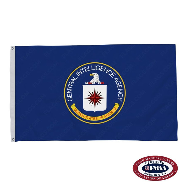 The CIA flag is dark blue with a seal in the center depicting a white shield with a compass rose inside and a bald eagle’s head above.