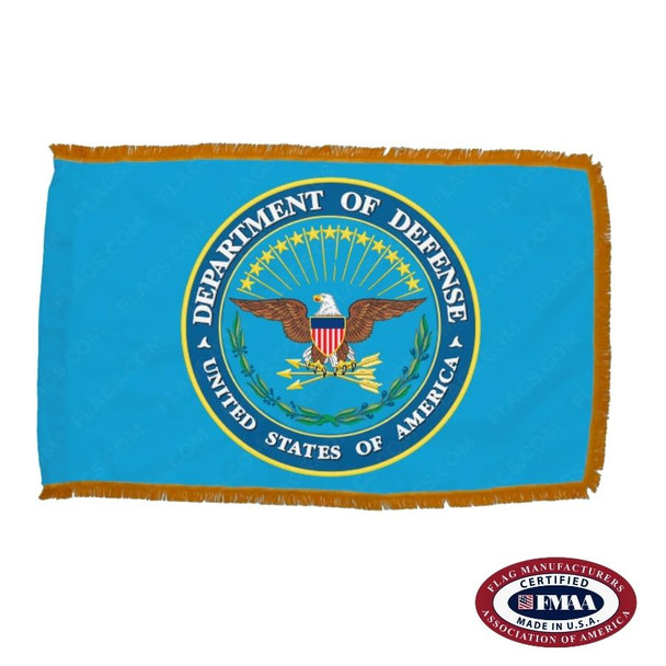 The indoor DOD flag has 3 sides of gold fringe around a light blue field with a seal in the center depicting a bald eagle with 3 arrows in its talons.