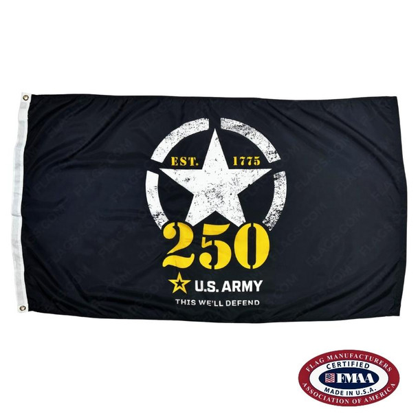 The Army 250 flag is black with a white, encircled star in the center. Below is the yellow text “250” and “US Army” in white.