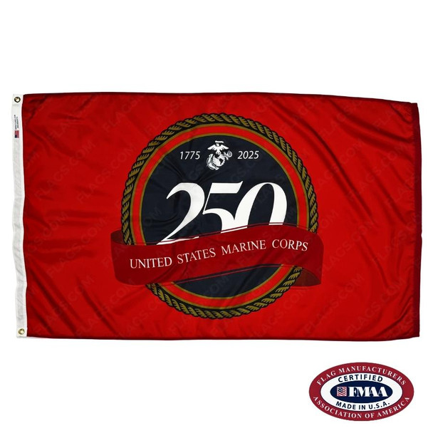 The Marine Corps 250 flag is red with a dark blue circle in the center surrounded by rope. Inside is the white text, “250 / United States Marine Corps.”