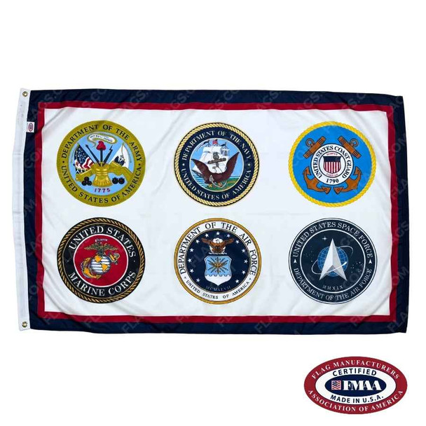The Armed Forces 6 Emblem Flag depicts all of the emblems of the US Armed Forces branches on a white field with a red and blue border.