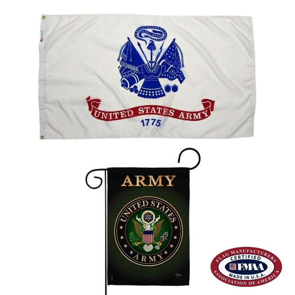 The Army flag bundle includes the full-size Army flag shown above and the Army garden flag below. FMAA Made in America Certified Seal.