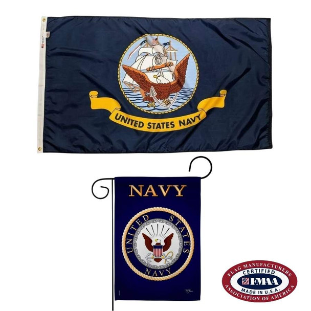 The Navy flag bundle contains the full-size Navy flag shown above and the Navy garden flag below. FMAA Made in America Certified Seal.