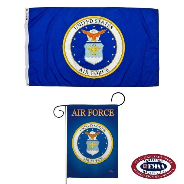 Our Air Force flag bundle includes the full-size outdoor flag above and the garden flag below. FMAA Made in America Certified Seal.