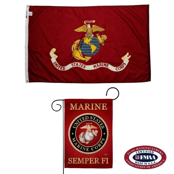 The Marine Corps flag bundle includes the Marine Corps flag above and the Marine Corps garden flag below. FMAA Made in America Certified Seal.