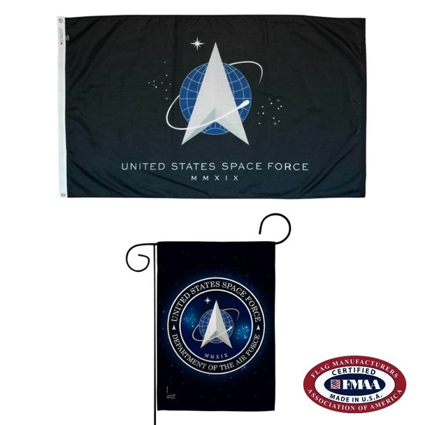 The Space Force flag bundle includes the Space Force flag above and the Space Force garden flag below. FMAA Made in America Certified Seal.