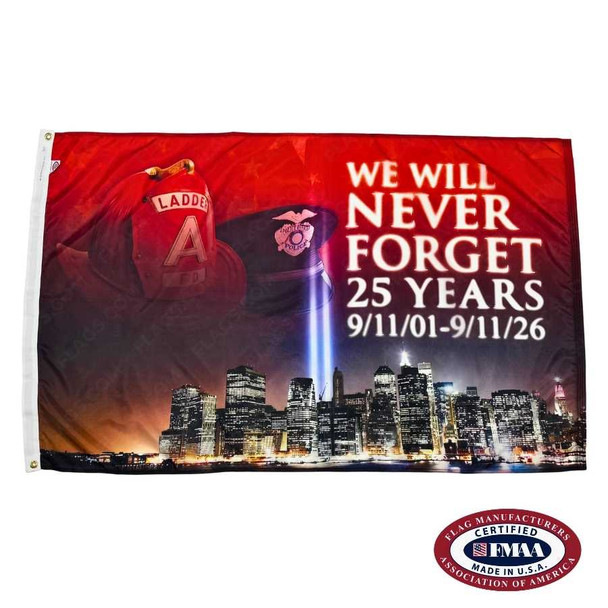The Never Forget 25 Anniversary 9/11 Flag depicts the New York skyline with two lights representing the Twin Towers. Above are a firefighter's and a police officer’s hats, alongside the anniversary dates. FMAA Made in America seal.