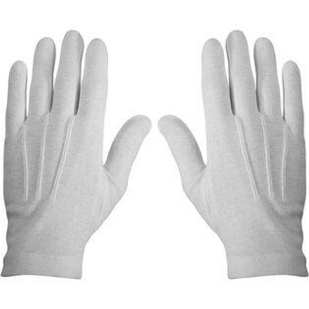 A pair of white cotton parade gloves with three stitching lines on the back of the gloves.