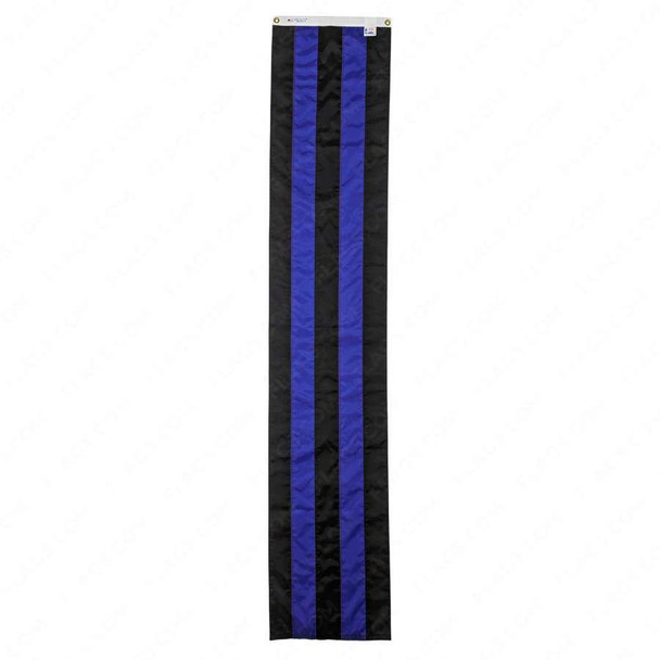 A vertical flag with alternating black, purple, black, purple, black vertical stripes and a white canvas header at the top with 2 brass grommets.