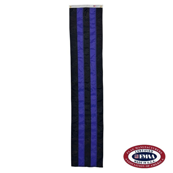 A vertical flag with alternating black, purple, black, purple, black vertical stripes and a white canvas header at the top with 2 brass grommets. FMAA Made in America seal.