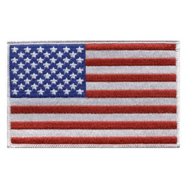 Small red, white, and blue American flag embroidered patch with a white stitching outline.