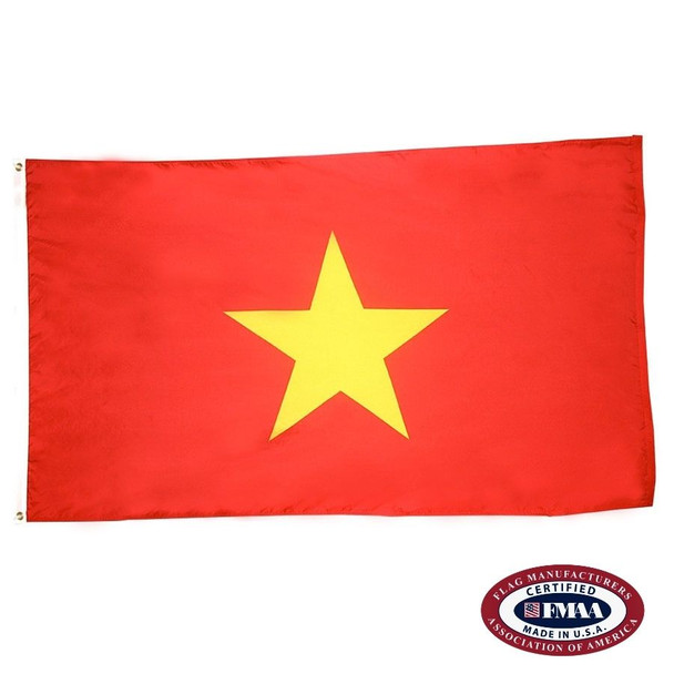 The Vietnam flag has a red background and a large yellow, five-pointed star in the center. FMAA Certified Made in America seal.