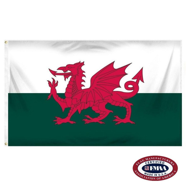 The Welsh flag has a red dragon facing to the left on a background consisting of two horizontal white and green stripes. FMAA Certified Made in America seal.
