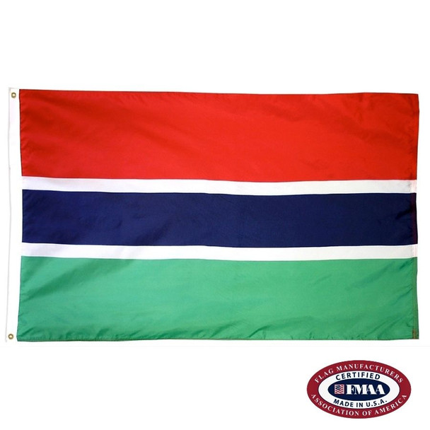 The Gambia flag is a red, blue, and green tricolor. The blue stripe has white outlines above and below. FMAA Certified Made in America seal.
