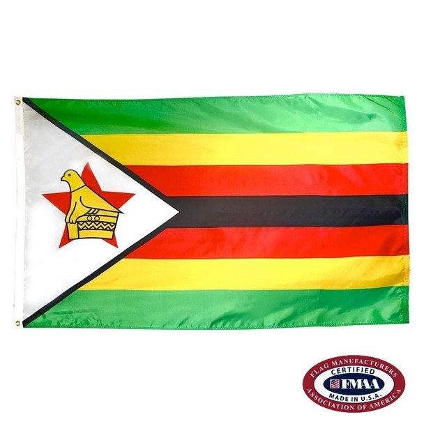 The Zimbabwe flag has 7 horizontal green, yellow, red, and black stripes. On the left is a white triangle with a bird carving on a red star. FMAA Certified Made in America seal.