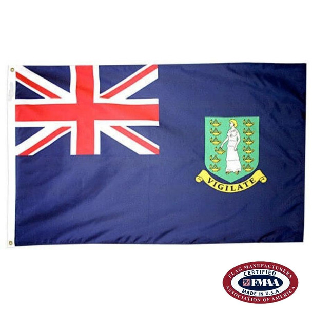 The British Virgin Islands flag has a blue field with a Union Jack in the canton. On the right is a seal depicting Saint Ursula & 12 lamps. FMAA Certified Made in America seal.