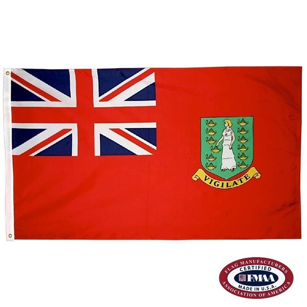 The British Virgin Islands civil flag has a red field with a Union Jack in the canton. On the right is the national coat of arms. FMAA Certified Made in America seal.