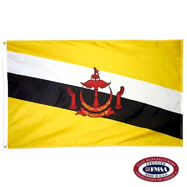 The yellow Brunei flag has 2 diagonal stripes of white & black. In the center is a red seal with a crescent under a parasol flanked by hands. FMAA Certified Made in America seal.