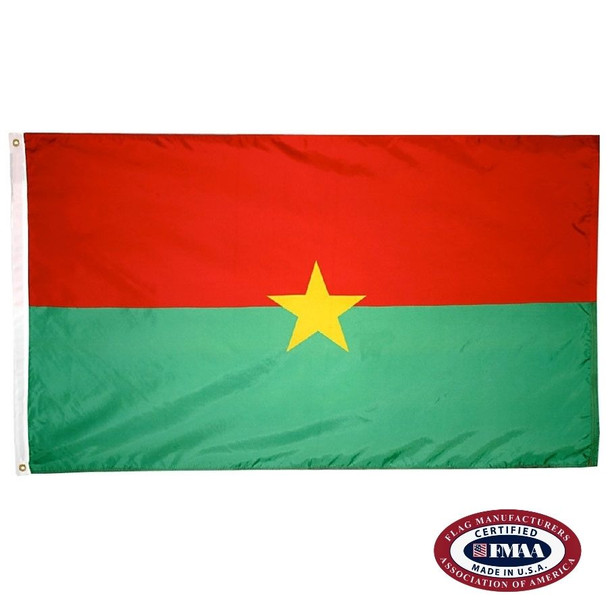 The Burkina Faso flag has 2 horizontal stripes of red and green. In the center is a small yellow 5-pointed star. FMAA Certified Made in America seal.