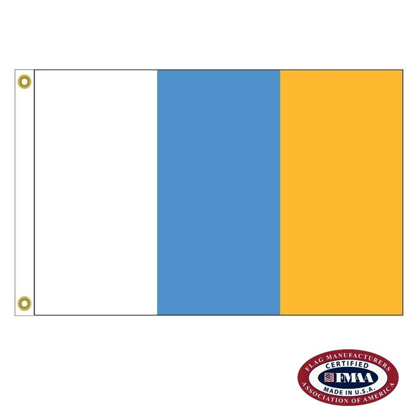 The Canary Islands flag is a vertical white, blue, and yellow tricolor. FMAA Certified Made in America seal.