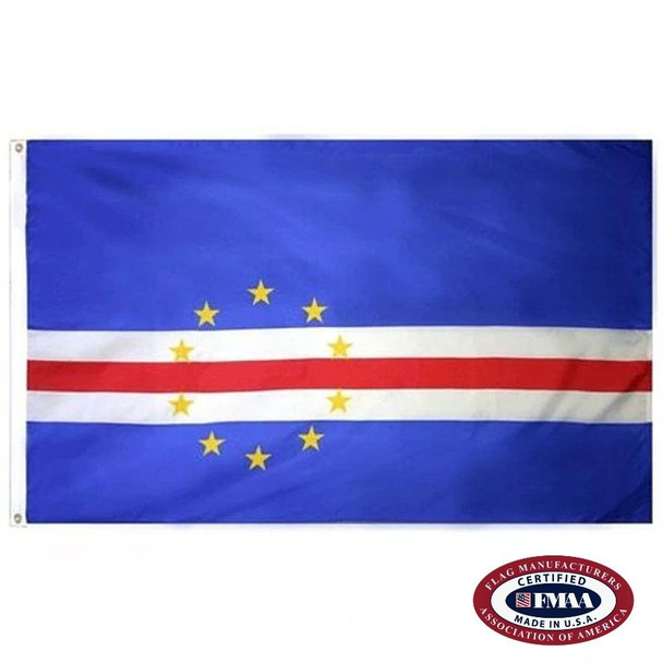 The Cape Verde flag is dark blue with three white and red stripes on the lower half, with a circle on top of 10 yellow stars. FMAA Certified Made in America seal.