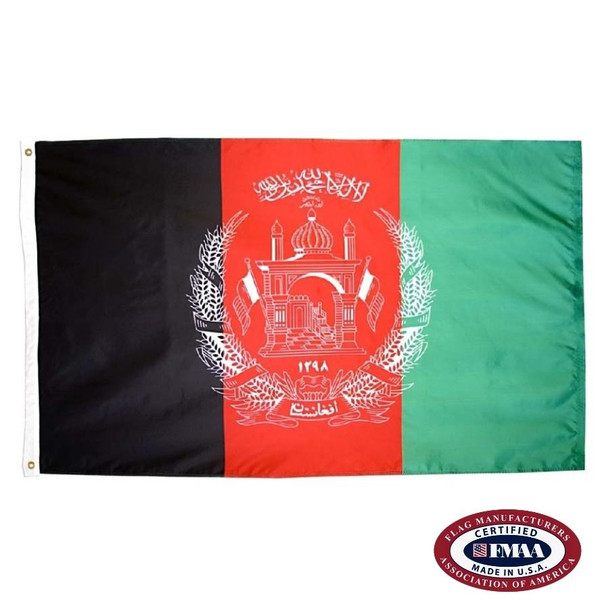 The Afghanistan flag is a black, red, and green tricolor. In the center is a white emblem depicting a mosque surrounded by wheat. FMAA Certified Made in America seal.