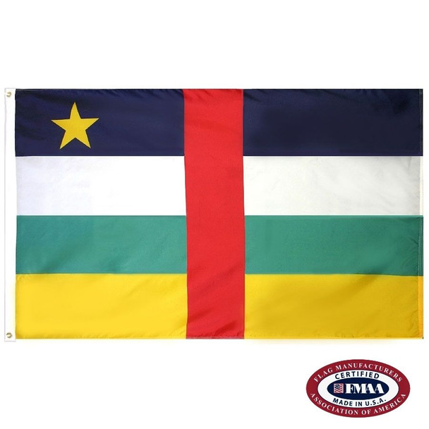 The CAR flag has 4 blue, white, green & yellow stripes. In the center is a vertical red line & in the upper left corner is a yellow star. FMAA Certified Made in America seal.