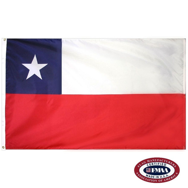 The Chile flag has two horizontal stripes of white and red. In the center of the dark blue canton is a white 5-pointed star. FMAA Certified Made in America seal.