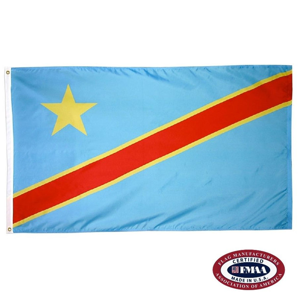 The DRC flag is light blue with a diagonal red line with a yellow outline from bottom left to upper right. In the upper left is a yellow star. FMAA Certified Made in America seal.