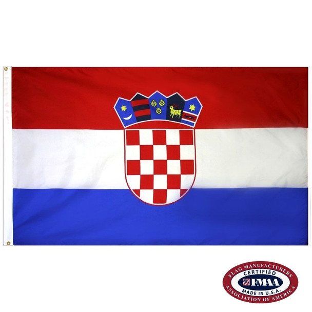 The Croatian flag is a horizontal red, white, and blue tricolor with the national coat of arms in the center. FMAA Made in America seal.