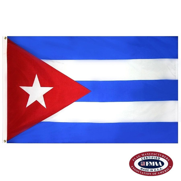 The Cuban flag has 5 horizontal blue & white stripes. On the left is a red triangle pointing right, with a white star in the center. FMAA Certified Made in America seal.