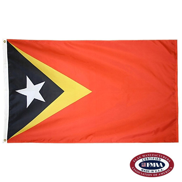 The East Timor flag is red with a black triangle on the left inside of a larger yellow triangle. Inside the black triangle is a white star. FMAA Certified Made in America seal.