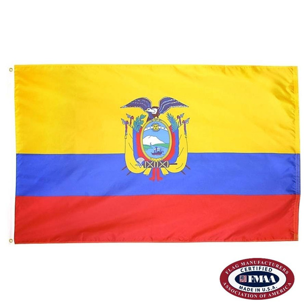 The Ecuador flag is a yellow, blue, and red tricolor with a broad yellow stripe. In the center is the national coat of arms. FMAA Certified Made in America seal.