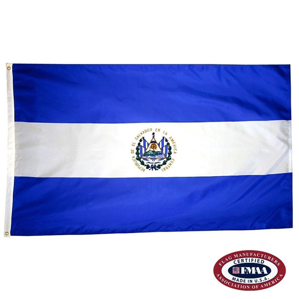 The El Salvador flag is a blue, white, and blue triband. In the center is the national seal, which depicts a mountainous landscape. FMAA Certified Made in America seal.