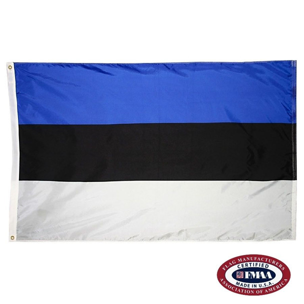 The Estonia flag is a horizontal tricolor of blue, black, and white stripes. FMAA Certified Made in America seal.