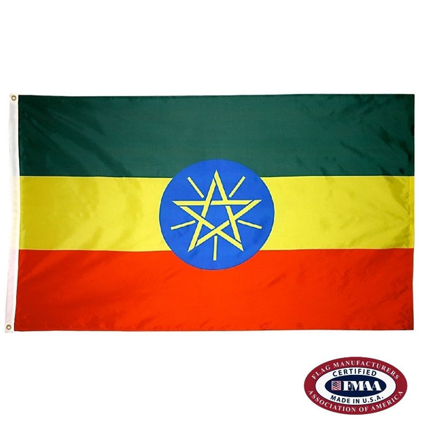The Ethiopia flag has a horizontal green, yellow, and red tricolor. In the center is a blue circle with a yellow star. FMAA Certified Made in America seal.