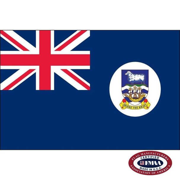 The Falkland Islands flag is blue with a Union Jack in the canton and the national coat of arms on the right depicting a sheep. FMAA Certified Made in America seal