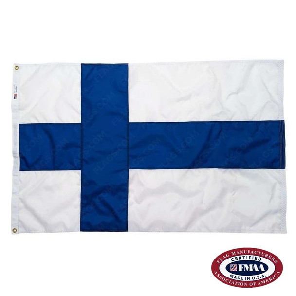 The Finland flag is white, with a blue Nordic cross pointing to the left. FMAA Certified Made in America seal.
