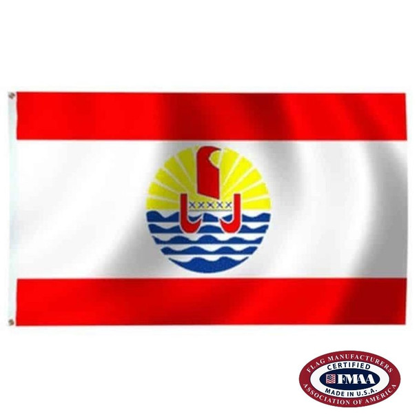 The French Polynesia flag has 3 horizontal red and white stripes, with the white twice as thick. In the center is the national coat of arms. FMAA Certified Made in America seal.