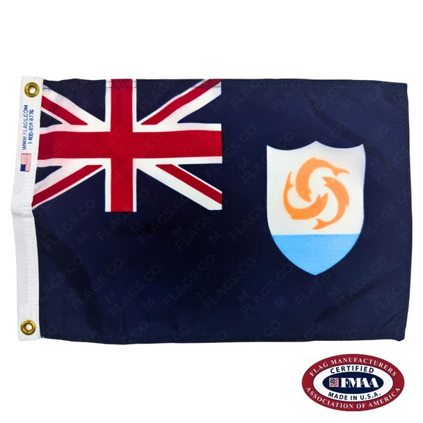 The dark blue Anguilla flag has a Union Jack in the canton. On the right is a white and blue shield with 3 orange dolphins. FMAA Certified Made in America seal.