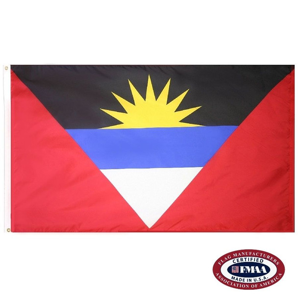 The red Antigua & Barbuda flag has an upside-down triangle in the center with black, blue & white stripes. In the black band is a rising sun. FMAA Certified Made in America seal.