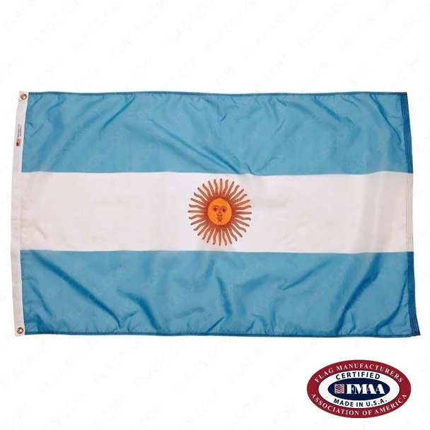 The Argentine flag is a horizontal tricolor with light blue and white stripes. In the center is a sun symbol with a face. FMAA Certified Made in America seal.