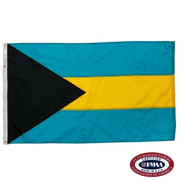 The Bahamas flag has three blue, yellow & blue stripes. On the left is a black triangle pointing right. FMAA Certified Made in America seal.