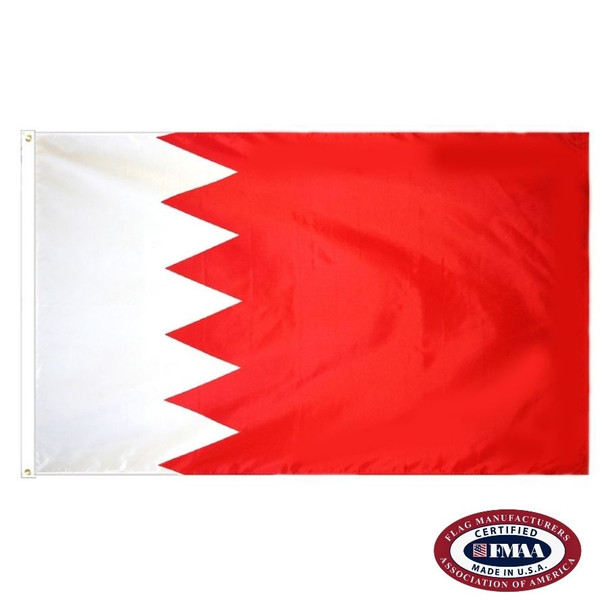 The Bahrain flag has a small white field on the left and a red field on the right, separated by a serrated line. FMAA Certified Made in America seal.