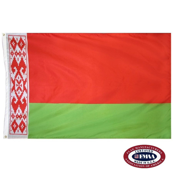 The Belarus flag is red with a vertical white stripe on the left depicting a red rushnyk and a horizontal green stripe at the bottom. FMAA Certified Made in America seal.