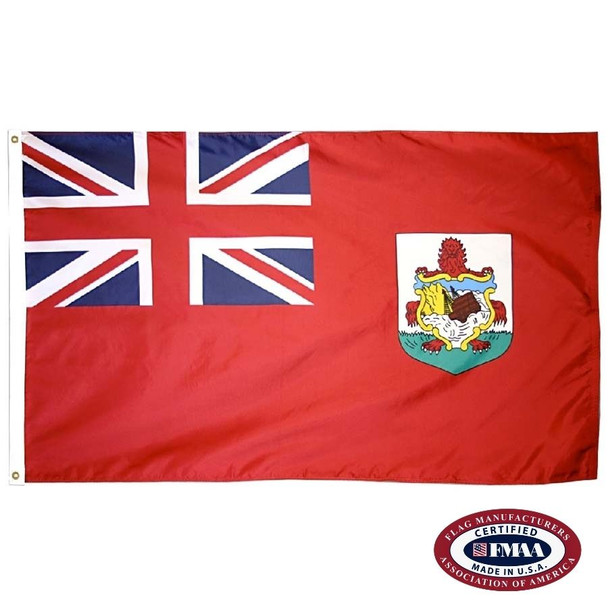 The red Bermuda flag has a Union Jack in the canton and the national coat of arms on the right, depicting a lion and a sinking ship. FMAA Certified Made in America seal.