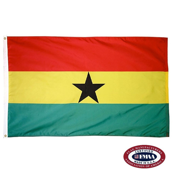 The Ghana flag is a horizontal red, yellow, and green tricolor. In the center is a black 5-pointed star. FMAA Certified Made in America seal.