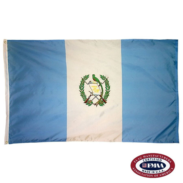 The Guatemala flag is a vertical light blue and white tricolor with the national coat of arms in the center. FMAA Certified Made in America seal.