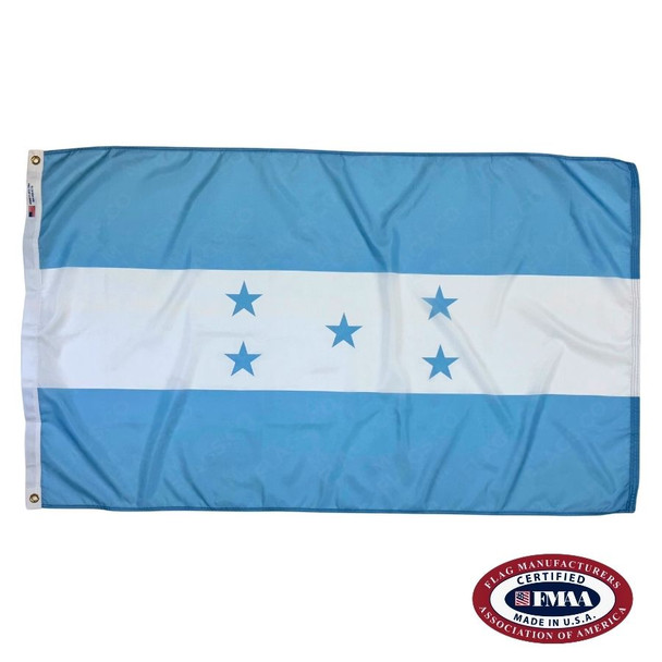 The Honduras flag is a blue and white triband with five blue stars in the center. FMAA Certified Made in America seal.