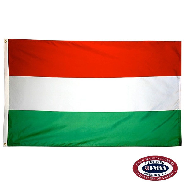The Hungary flag is a horizontal red, white, and green tricolor. FMAA Certified Made in America seal.